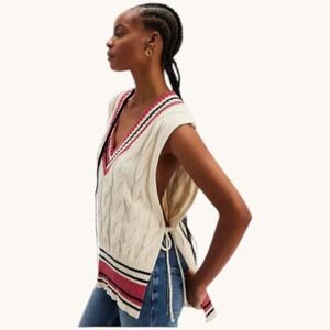Free People Sweater Vest One Size Ivory V Neck Tie Sides Tassel Coastal Prep New
